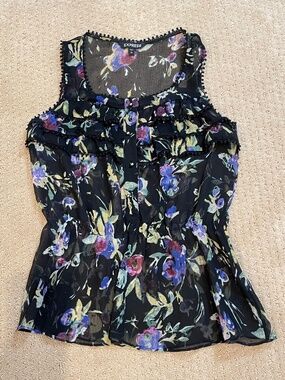 Express Ruffle Floral Tank Top with Pom Pom Trim Size S